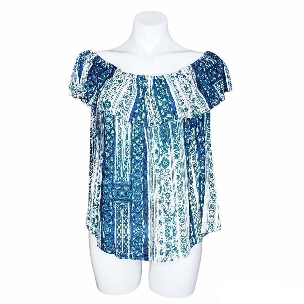 Jasmine & Juliana Blue Patterned Off Shoulder Stretch Top